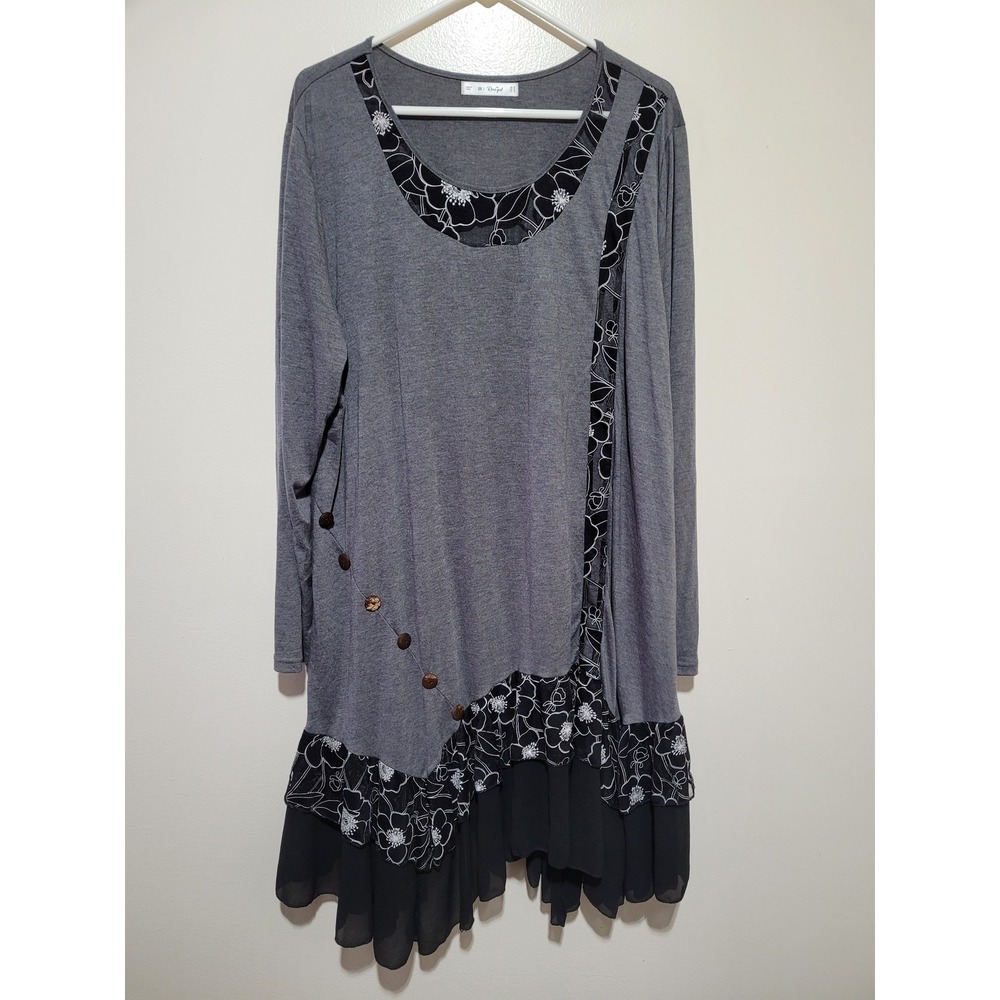 Rosegal Tunic Dress Womens 5X Grey Floral Mesh Tiered Hem Long Sleeve